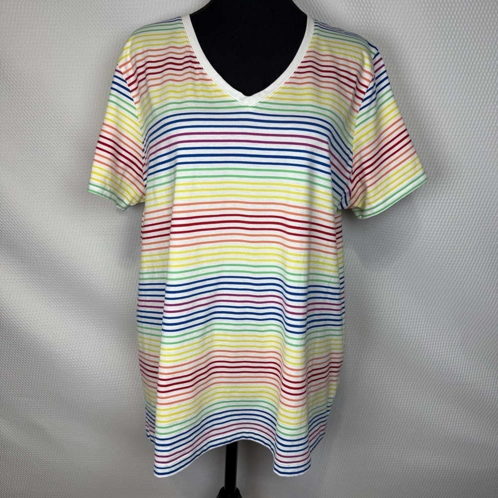Lands’ End Colorful Striped V-Neck T-Shirt XLarge  Cotton Multicolors Happy
